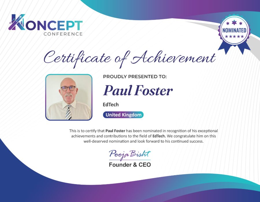 Koncept Conference Certificate of Achievement nomination for Paul Foster