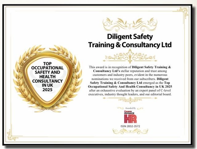 Europe Manage HR award certificate naming Diligent Safety Training & Consultancy Ltd Top Occupational Safety and Health Consultancy in the UK 2025