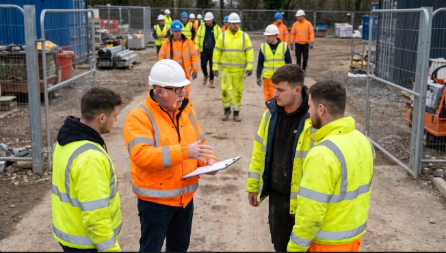 Paul Foster briefing a site team in hi-vis on a construction site
